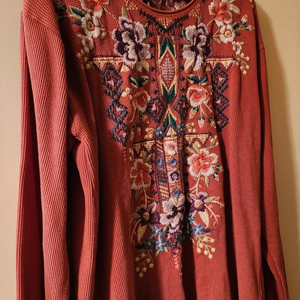 Johnny Was Beautiful embroided shirt cotton xlg rust - Picture 2 of 4